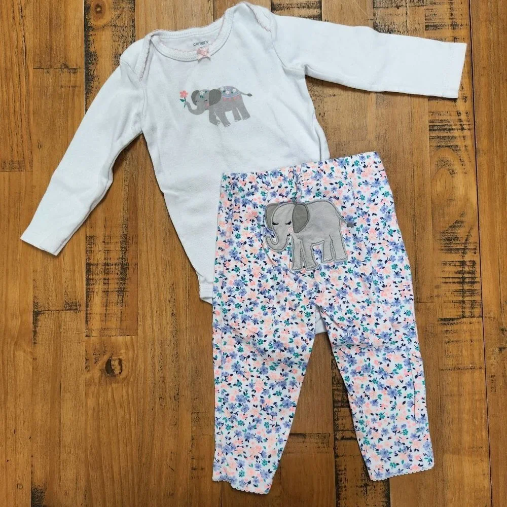 Carter's 2 Piece Outfit Bodysuit and Pants Elephant Flowers Baby Infant 12 Month